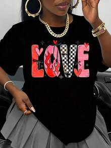 Camiseta Blanca con Estampado Gráfico de Amor para Mujer, Moda Casual para el Día de San Valentín con Diseño de Corazones y Cuadros, Estilo Streetwear de Talla Grande - Negro - Ver 1