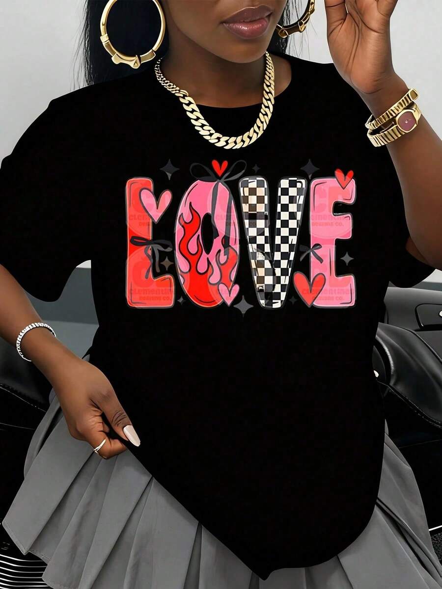 Camiseta Blanca con Estampado Gráfico de Amor para Mujer, Moda Casual para el Día de San Valentín con Diseño de Corazones y Cuadros, Estilo Streetwear de Talla Grande - Negro - Ver 1