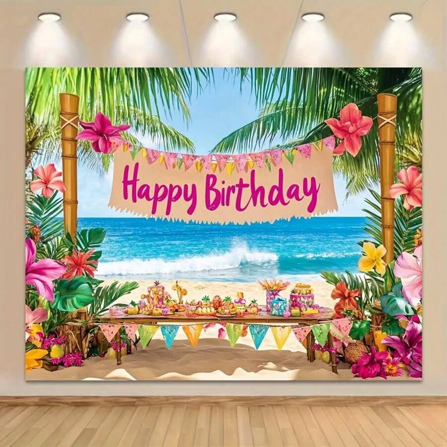 1pc 2D Flat Banner Tropical Hawaiian Beach Birthday Party Backdrop - Featuring Vibrant Palm Trees, Colorful Flowers, Ocean View And "Happy Birthday" Banner. Perfect For Summer Celebrations, Photo Props And Party Decorations, Can Be Used As Party Backdrop, Tropical Theme Party Decor And Birthday Party Decor.