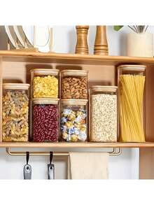 8 Pack Square Airtight Glass Jars With Bamboo Lids, Stackable Kitchen Storage Canisters, Multi-Size Glass Food Containers, Perfect For Coffee Beans, Spices, Sweets, Cookies, Pasta, Home Kitchen Counter Decor, Great For Holiday & Wedding Gifts Tuppers - Clear - View 7