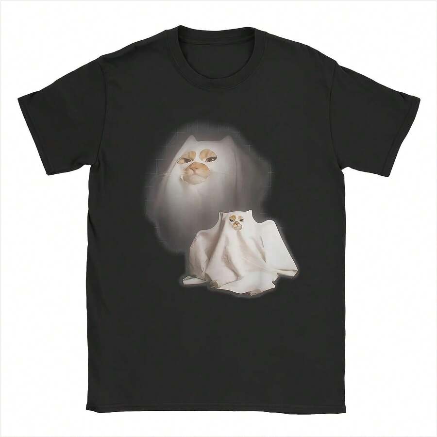 Camiseta divertida de Halloween con Meme de gato fantasma, camisetas Vintage de gatito, camisetas de manga corta con cuello redondo, ropa de fiesta, ropa Kawaii - Multicolor - Ver 1