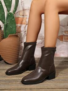 Women's Fashion Square Toe Autumn/Winter Brown Plus Size Slip-On Back Zipper Chunky Heel Comfortable Ankle Boots - Brown - View 6