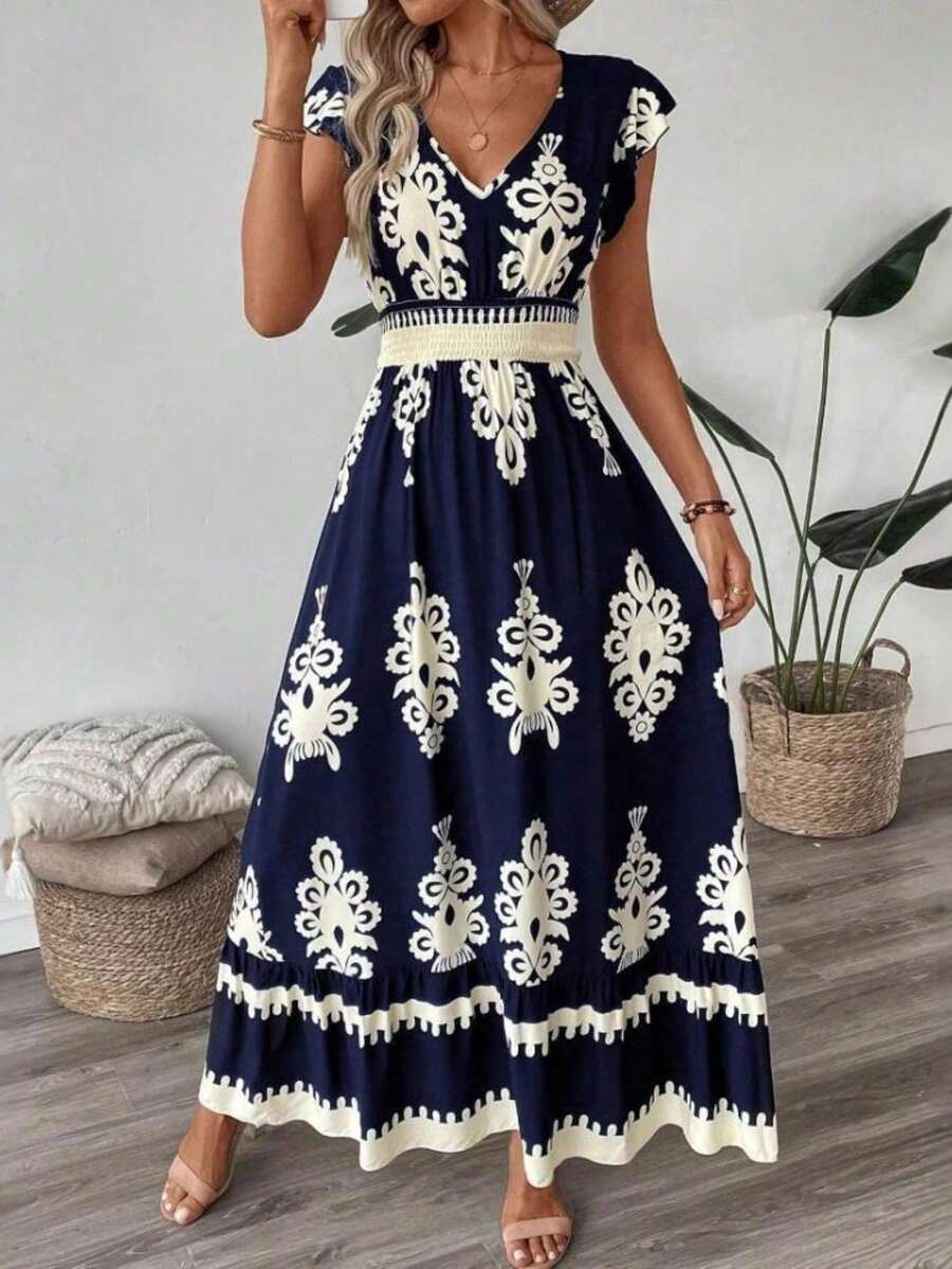 Vestido largo estampado verano escote V cintura ajustada moda mujer - Azul Marino - Ver 1