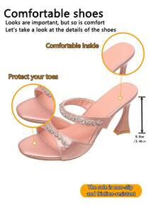 Teen Diamond Studded Double Strap High-Heeled Sandals With Exposed Toes For Breathability, Suitable For Wearing In Party/Daily Street Scenes. - Pink - View 7