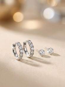 1 Set Fashionable Elegant Sparkling CZ Earring Stacking Set, Hoop Studs And Pave Huggie Earrings, Versatile Jewelry For Daily And Party Wear - White - View 2