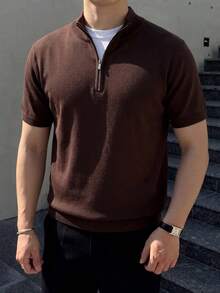 男士素色立領半拉鍊針織短袖修身顯瘦薄款針織T恤，適合辦公通勤，可單穿或疊穿 - 棕色 - 查看 6