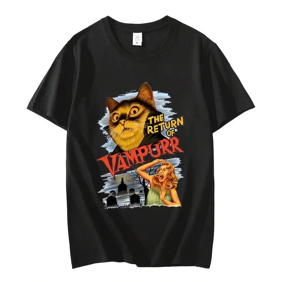 Camiseta gráfica divertida de gato The Return of Vampurr para hombre y mujer, camiseta de algodón de manga corta de terror para Halloween, ropa informal, camisetas - Multicolor - Ver 1