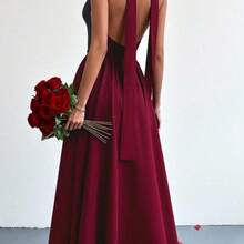 Vestido elegante para mujer, vestido halter con escote profundo en V y espalda descubierta con cinta de amarre, uso versátil, color vino tinto, atuendo de verano para fiesta - Burdeos - Ver 4