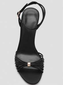 Sandal Hak Tinggi Stiletto Wanita Model Baru Musim Semi/Panas 2026 dengan Detail Simpul Berlapis Metalik Emas - Hitam - View 5