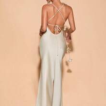 Vestido de fiesta con tirantes finos, cuello drapeado y espalda descubierta con estampado floral para mujer, ideal para bodas y vacaciones - Champán - Ver 3