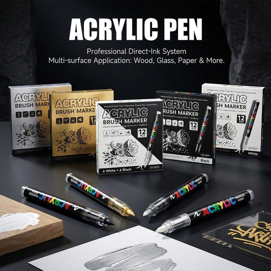 12pcs Black White Gold Silver Optional Large Capacity Visible Liquid Acrylic Marker Pens, Waterproof Non-Fading Sun-Resistant Wear-Resistant, Professional Art Drawing Tools For Art Students, DIY Creative Painting Pens, Multi-Color Combination Set For Student Classroom Drawing - 12 White Ones - View 1