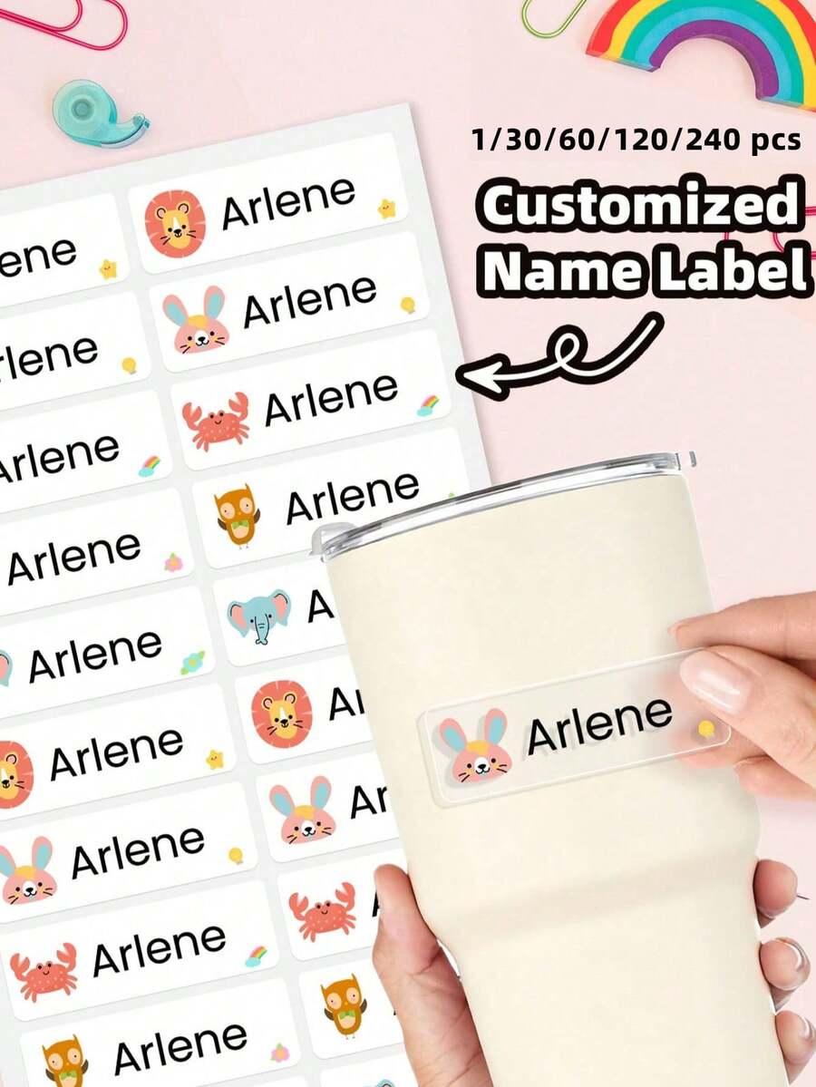 1/30/60/120/240pcs Customizable Name Stickers, Waterproof Fashion Stationery Labels, Cute Cartoon Animal Pattern Stickers, Personalized Transparent Name Labels, Customizable Waterproof Oil-Resistant Transparent Stickers, Paper Name & Number Classification Labels, Suitable For Home Storage, Tools, Files, Luggage And Other Item Identification, Can Be Given As Gifts To Friends, Classmates Etc. During Back To School Season - Multicolor 2 - View 1