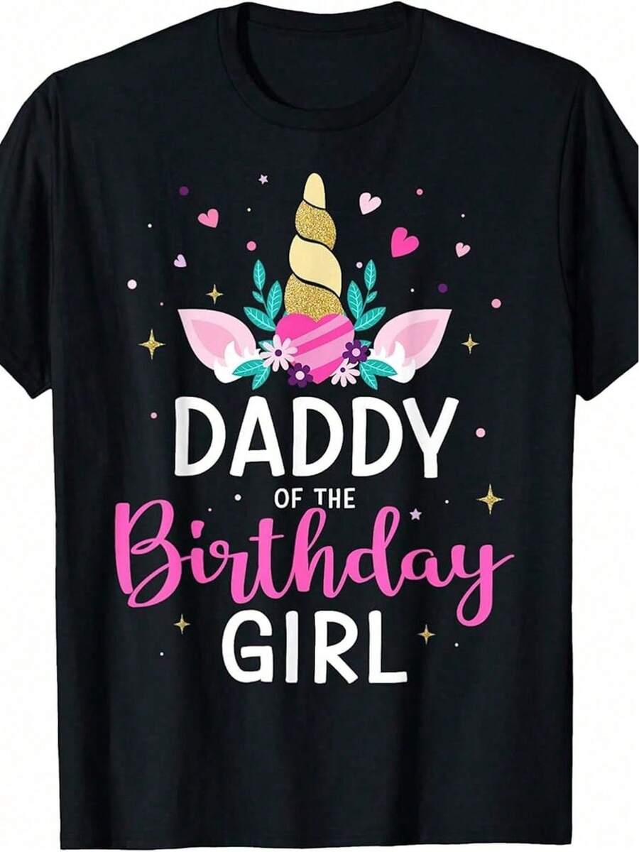 1 pieza, 100% Hecho en EE. UU., Camiseta de fiesta de unicornio a juego para la familia "Papá de la celebrante del cumpleaños", 180g, 100% Algodón. - Negro - Ver 1