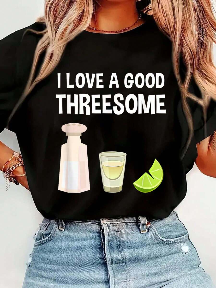 100% Cotton Funny Drink I Love A Good Threesome Tequila Barman T-Shirt Women's Men's Streetwear Graphic Tee Black Crew Neck Vacation Tops - 黑色5 - 查看 1