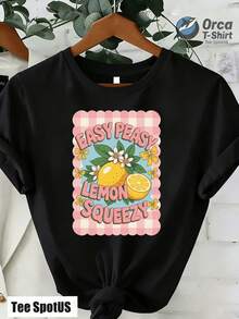 Camiseta de algodón puro para mujer, estilo casual, entrega local, lavable a máquina, fácil de manejar, con estampado de jugo de limón, adecuada para uso diario en verano, ideal como regalo - Negro - Ver 1