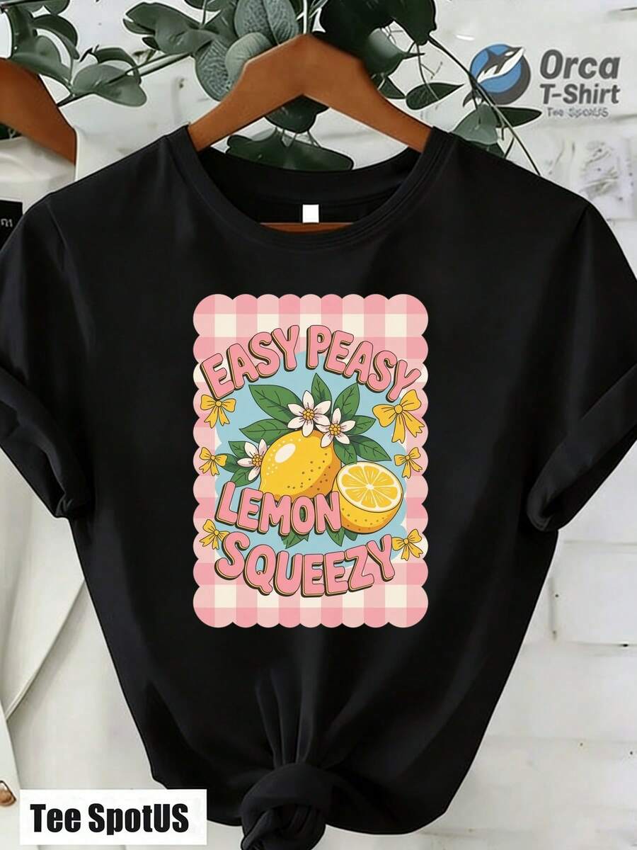 Camiseta de algodón puro para mujer, estilo casual, entrega local, lavable a máquina, fácil de manejar, con estampado de jugo de limón, adecuada para uso diario en verano, ideal como regalo - Negro - Ver 1