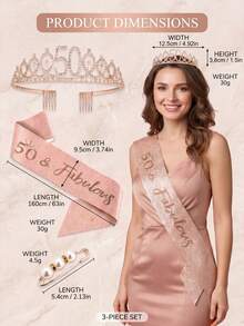 3rd To 100th Milestone Birthday Tiara & Sash Set With Pearl Brooch, Rose Gold Crystal Crown, Birthday Party Decorations Gift For Women & Girls - Multicolor - View 12