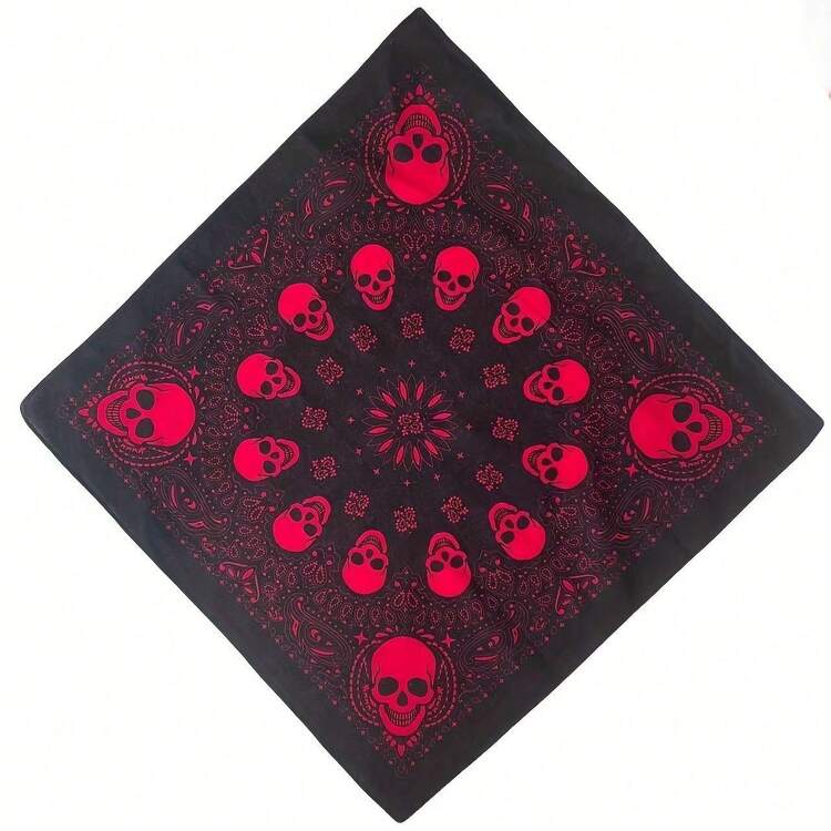 1pc Vintage Skull & Floral Pattern Cotton Bandana - Black, Red And White, Hip Hop Style, Suitable As Father's Day Gift, Size: 48.01cm X 48.01cm, Fashion Accessory | Skull Floral Design | Woven Texture - Multicolor - View 12