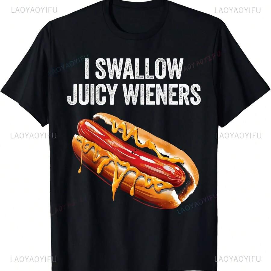I Swallow Juicy Wieners Funny T-Shirt For Adults, Sarcastic Humor, Joke, Casual Streetwear, Fashion, Short Sleeve T-Shirt For Men, Loose Fit T-Shirts - 彩色 - 查看 1