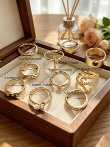9pcs Butterfly Heart Cross Design Niche Versatile Stacking Rings For Women, European And American Style Gold Plated Rhinestone Ring Set - Gold - View 2