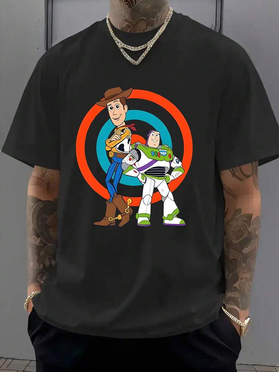 Disney Toy Story Men's Tee, Target-Themed Woody & Buzz Print, Simple Retro Style, Casual Loose Fit For Daily Use. - Black - View 1