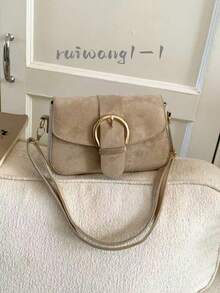 Women's Flap Small Handbag, Fashionable Metal Buckle Decor Square Bag, Shoulder Crossbody Bag - Khaki - View 9