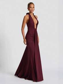 Vestido largo plisado cuello V profundo espalda descubierta ajustado sexy estilo europeo moda verano - Burdeos - Ver 5