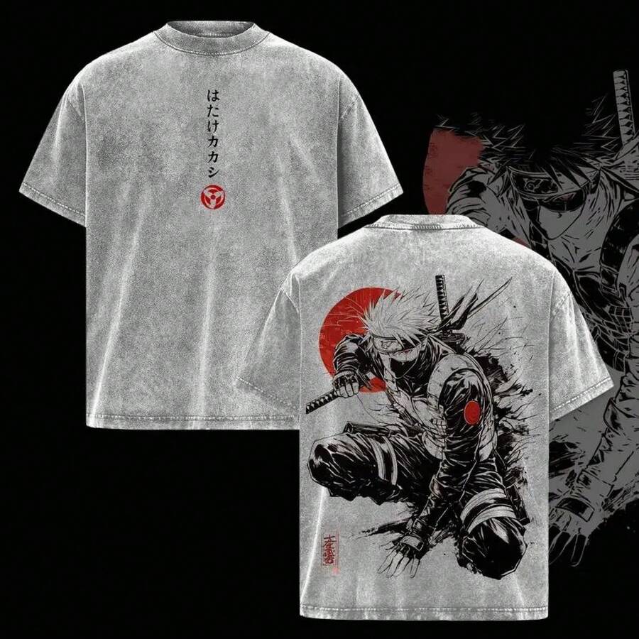 Camiseta de con efecto vintage lavado, camiseta oversize de estilo urbano de anime, camiseta con gráfico de Sharingan, top unisex de algodón grueso, regalo para f - Gris - Ver 1