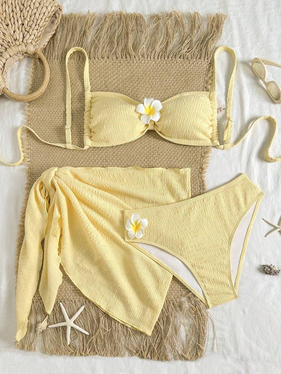 Swim Vcay Women's 3-Piece Bikini Set, Solid Color Floral Print, For Beach And Resort - Yellow - View 1