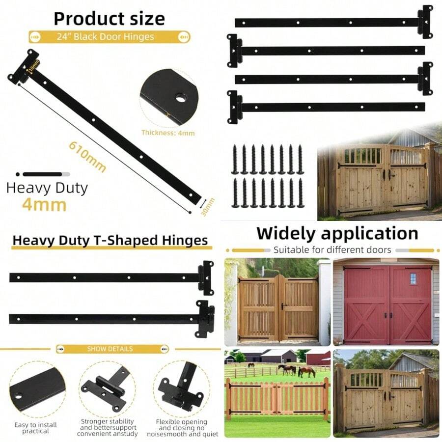 4 bisagras de puerta de granero de 24 pulgadas color negro de alta resistencia 4 mm de grosor bisagras de puerta de granero de hierro con 28 tornillos de montaje bisagras resistentes en forma de T - como en la imagen - Ver 1