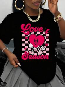 Women's White T-Shirt With Cartoon Heart Graphic Love Season, Romantic And Cute Valentine's Day Gift, Plus Size, Casual Summer Style, Urban Fashion - 黑色 - 查看 1
