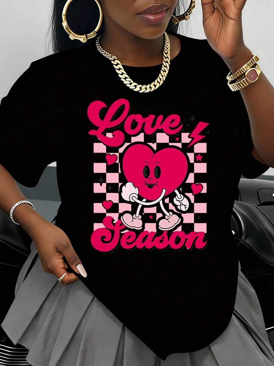 Women's White T-Shirt With Cartoon Heart Graphic Love Season, Romantic And Cute Valentine's Day Gift, Plus Size, Casual Summer Style, Urban Fashion - 黑色 - 查看 1