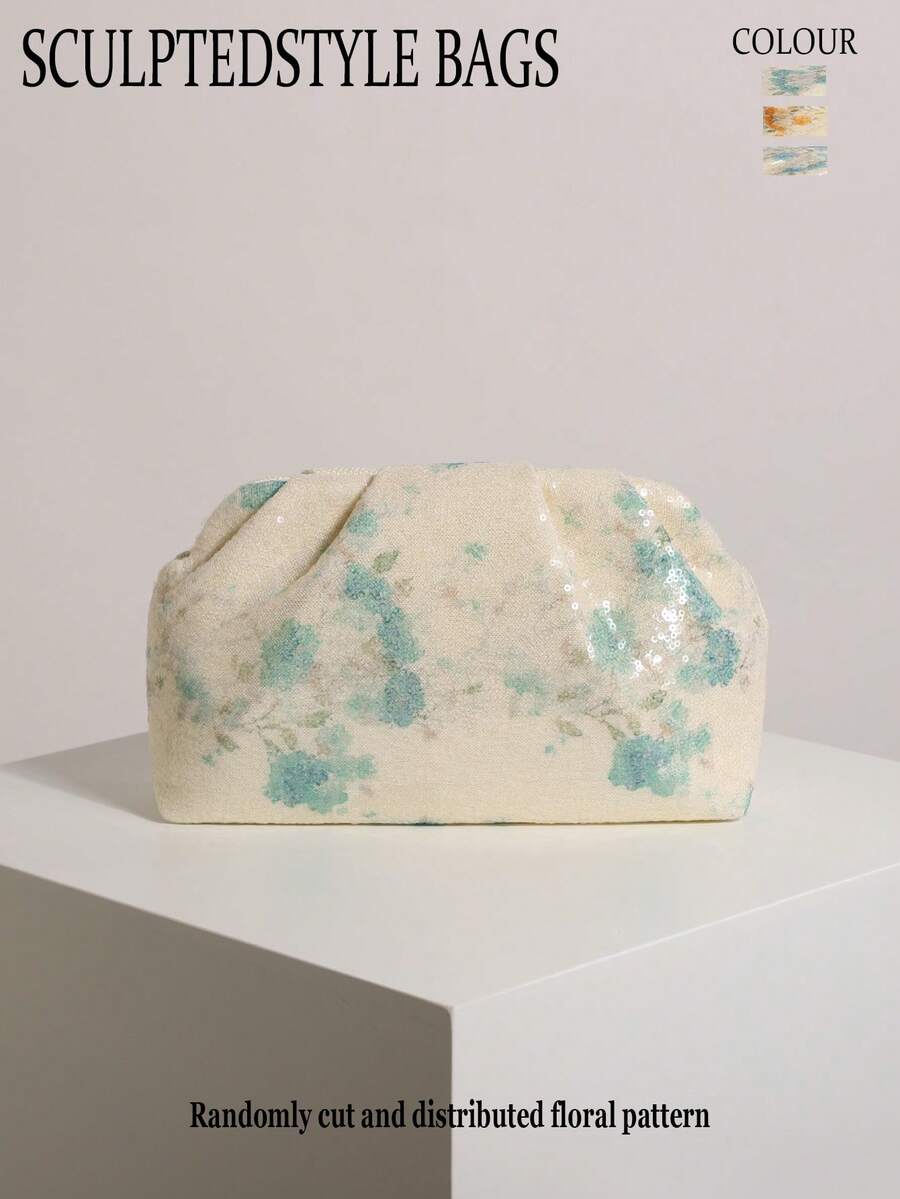 SCULPTEDSTYLE 包款 1 件装 祖母绿花卉图案亮片荷叶边云朵手拿包,女士时尚手提包,配链条肩带,适合搭配旗袍、海滩度假、旅行或参加派对 - 綠色 - 查看 1