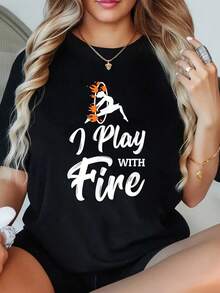 1 Camiseta de Mujer Talla Grande con Estampado de Círculo de Fuego, Manga Corta, 220g, 100% Poliéster, Estilo Casual con Cuello Redondo - Negro - Ver 1