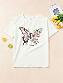 Conjunto de 3 piezas informal y minimalista para mujer con estampado de mariposa y flor, camiseta de cuello redondo, manga corta y cropped para verano - Blanco - Ver 2