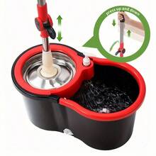 Set Of Spin Mop And Bucket, Designed For Bathroom Use, Suitable For School Restrooms, Featuring A 360° Spinning Mop Bucket System That Includes Three Microfiber Mop Replacement Heads And An Adjustable Handle For Effective Floor Cleaning - 黑色和紅色折疊 - 查看 8