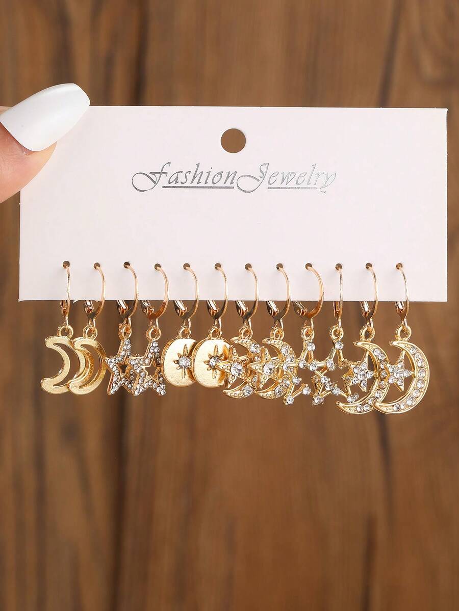 6pcs/Set Girls Rhinestone Star & Moon Pendant Earrings Set, Suitable For Daily Decoration For Kids - Gold - View 1