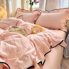 Juego de ropa de cama estilo princesa con volantes y ribete negro (1 Edredón + 2 Fundas de almohada), tela 100% poliéster suave y cómoda, adecuado para dormitorio, habitación de invitados, excelente como regalo - Albaricoque - Ver 1