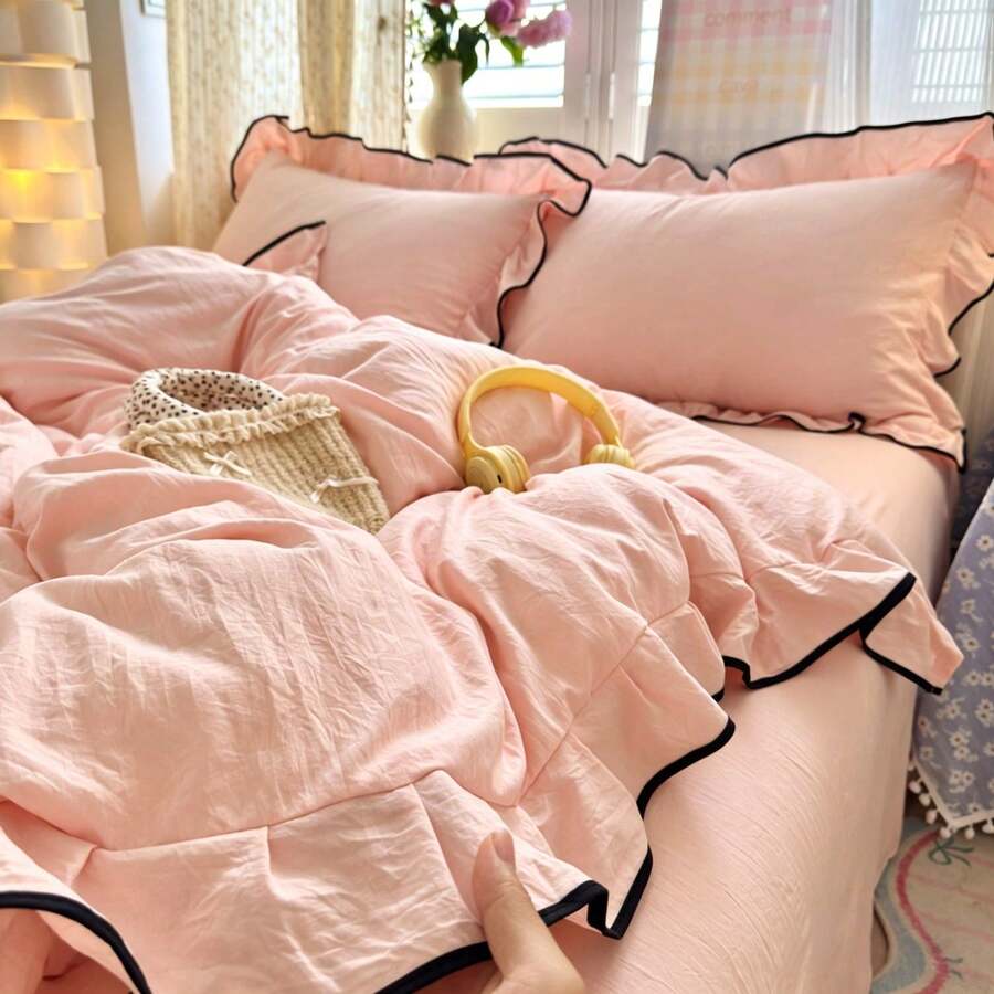 Juego de ropa de cama estilo princesa con volantes y ribete negro (1 Edredón + 2 Fundas de almohada), tela 100% poliéster suave y cómoda, adecuado para dormitorio, habitación de invitados, excelente como regalo - Albaricoque - Ver 1