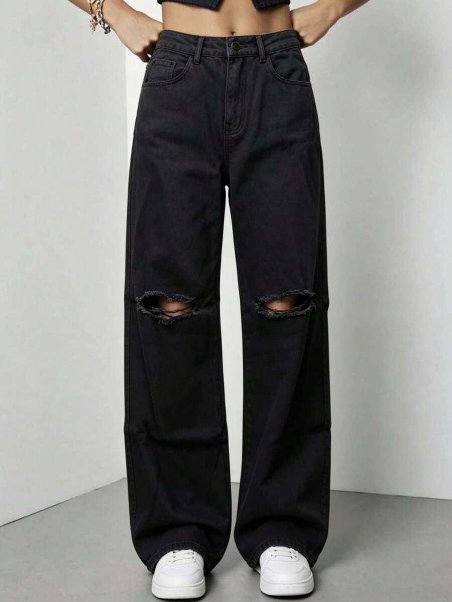 Women's Black Denim Wide Leg Jeans With Rip Detail, Casual Loose Fit Long Pants With Button And Pocket, Non-Stretch Grunge Style - Preto rasgos - Xem 1