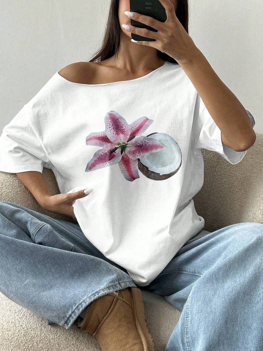 Women's Casual Printed T-Shirt, Short Sleeve And Round Neck, Local Urban Fashion Spring/Summer. Women's Blouses, Women's T-Shirts. 180g (S-XXXL) - 白色 - 查看 1