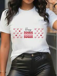 Maglietta a maniche corte in puro cotone da donna con stampa grafica a cuore e slogan Hey Sugar, top casual per uso quotidiano - Bianco - Visualizzare 6