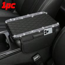 1 pieza Funda de reposabrazos de coche con strass brillante, alfombrilla de salpicadero de coche de PU acolchado de lujo con bolsillo de almacenamiento lateral, accesorio de interior de coche con patrón de diamantes y cristales brillantes, ajuste universal para SUV, sedán, camión y otros vehículos - Estilo A - Ver 1