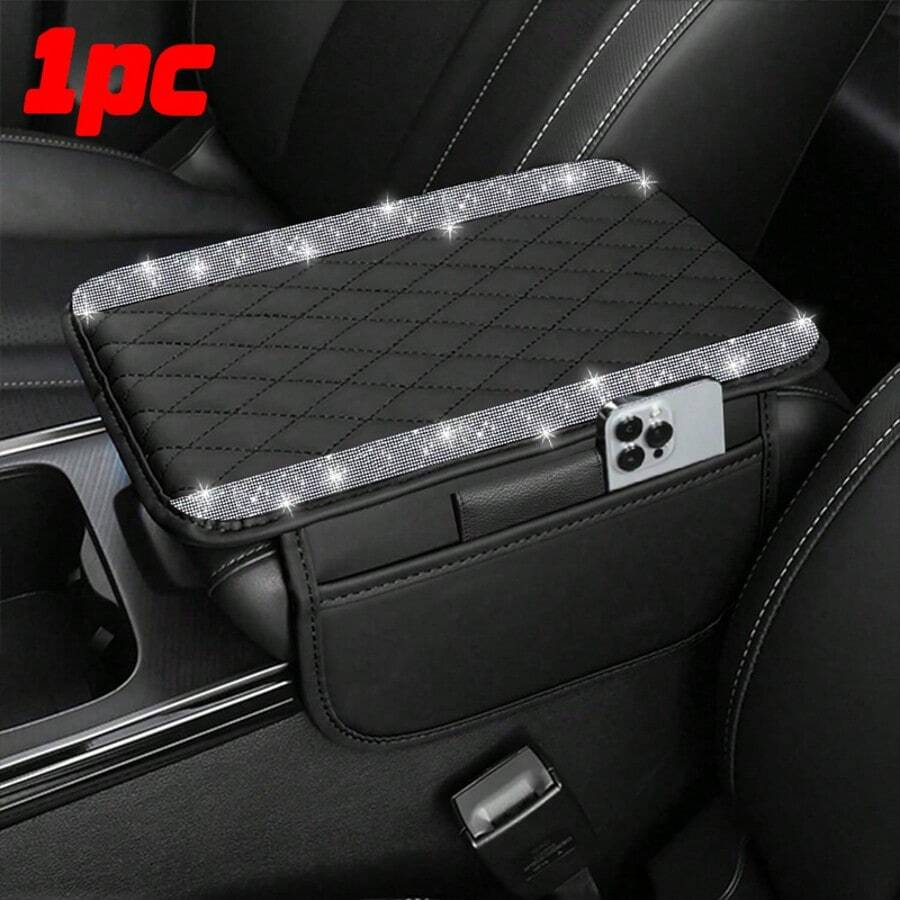 1 pieza Funda de reposabrazos de coche con strass brillante, alfombrilla de salpicadero de coche de PU acolchado de lujo con bolsillo de almacenamiento lateral, accesorio de interior de coche con patrón de diamantes y cristales brillantes, ajuste universal para SUV, sedán, camión y otros vehículos - Estilo A - Ver 1