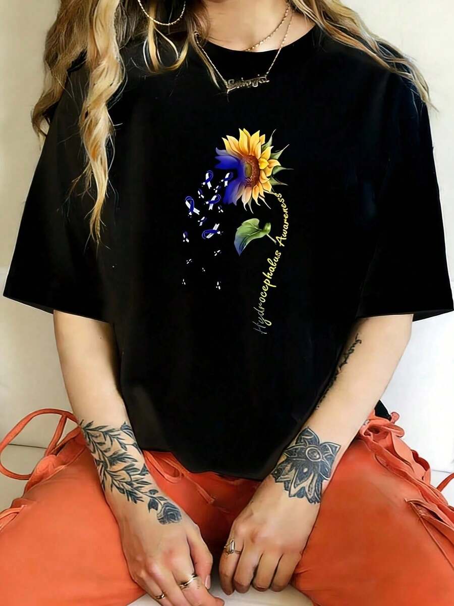 Camiseta de manga corta de talla grande para mujer con diseño de girasol para la concienciación sobre el hidrocefalus, cuello redondo, estilo novedoso, informal, divertida, con estampado grá - Negro - Ver 1