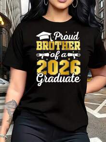 Plus Size Women's T-Shirt, Fun Graphic Design, Short Sleeve, Novelty, 100% Cotton, Casual Crew Neck, 220g, For Graduation Party 2026, Proud Sister Of A Gra - 黑色 - 查看 1