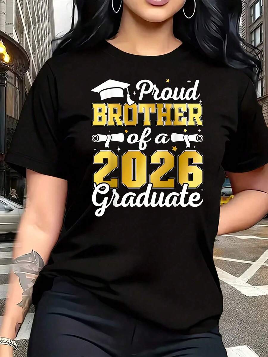Plus Size Women's T-Shirt, Fun Graphic Design, Short Sleeve, Novelty, 100% Cotton, Casual Crew Neck, 220g, For Graduation Party 2026, Proud Sister Of A Gra - 黑色 - 查看 1
