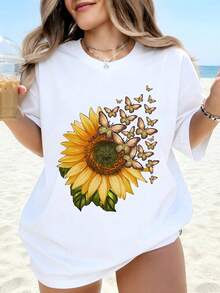 Camiseta Blanca con Estampado de Girasoles y Mariposas para Mujer, Estilo Casual de Verano para Playa, Camiseta Oversize con Diseño Gráfico para Vacaciones - Blanco - Ver 1