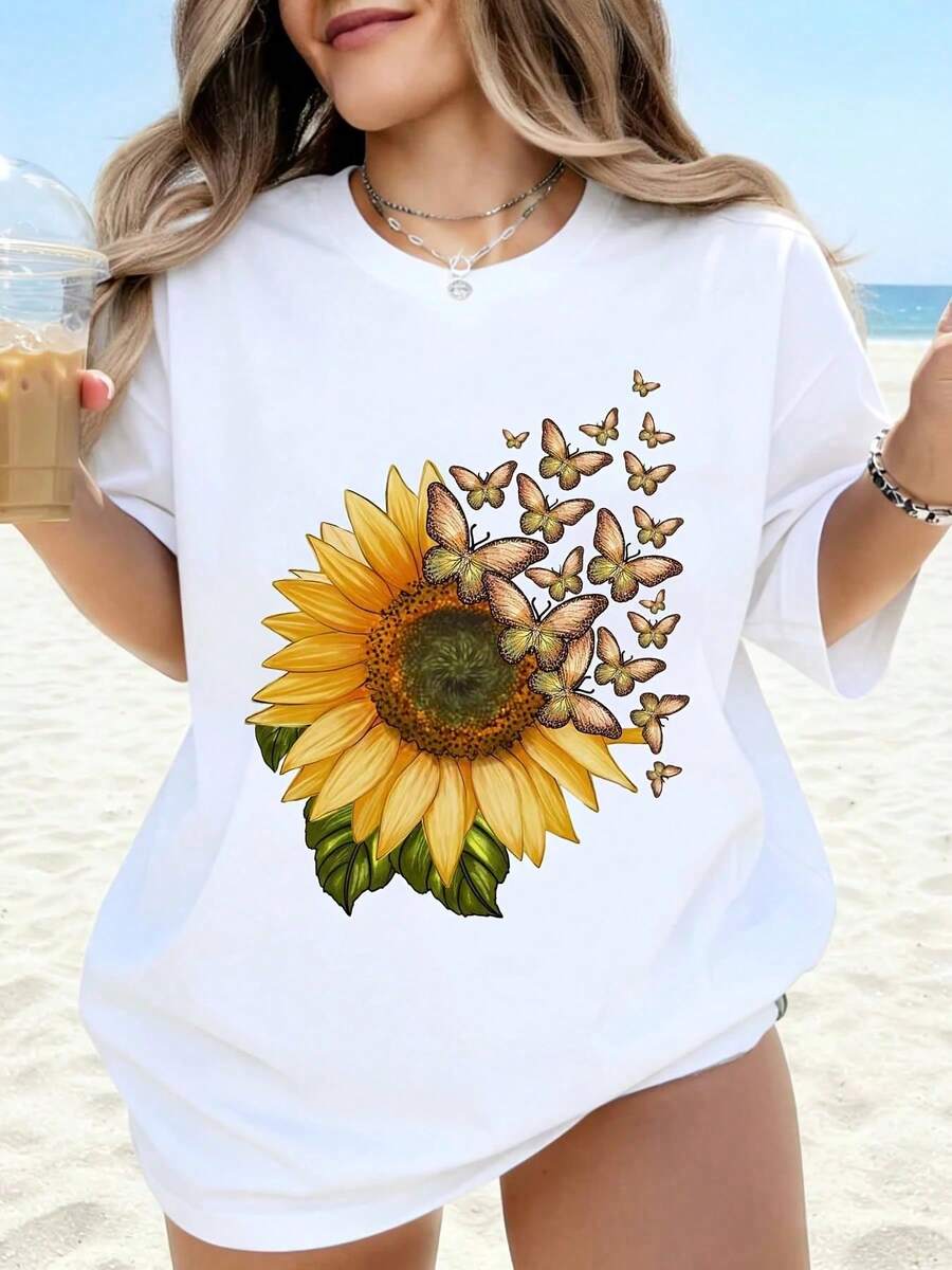 Camiseta Blanca con Estampado de Girasoles y Mariposas para Mujer, Estilo Casual de Verano para Playa, Camiseta Oversize con Diseño Gráfico para Vacaciones - Blanco - Ver 1