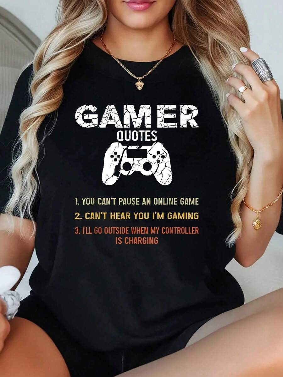 1 Camiseta de Algodón para Gamers de 8 a 16 Años (1) Camiseta de Talla Grande para Mujer, Camiseta Gráfica de Manga Corta de 220g, Camiseta Novedosa 100% Poliéster, Top Casual con Cuello Red - Negro - Ver 1